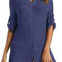 Swimsuit Coverup for Women 2024, V-Neck Beach Button Down Bikini Cover Ups Knee-Above Shirt Tops (Medium)