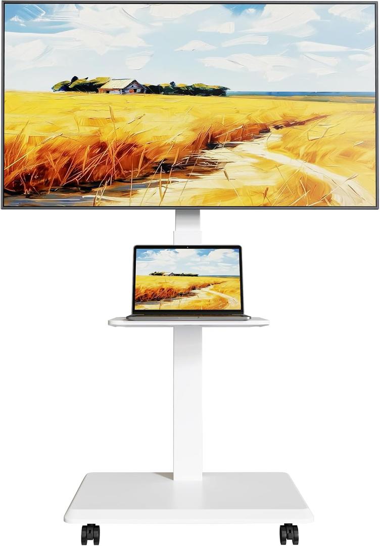 Steel Base Rolling TV Stand for 32-75 inch TVs up to 110 lbs, Leveling & Tilt & Swivel Mobile TV Stand with Hidden Wire Management, Height Adjustable Portable Tv Stand with Steel Shelf, White