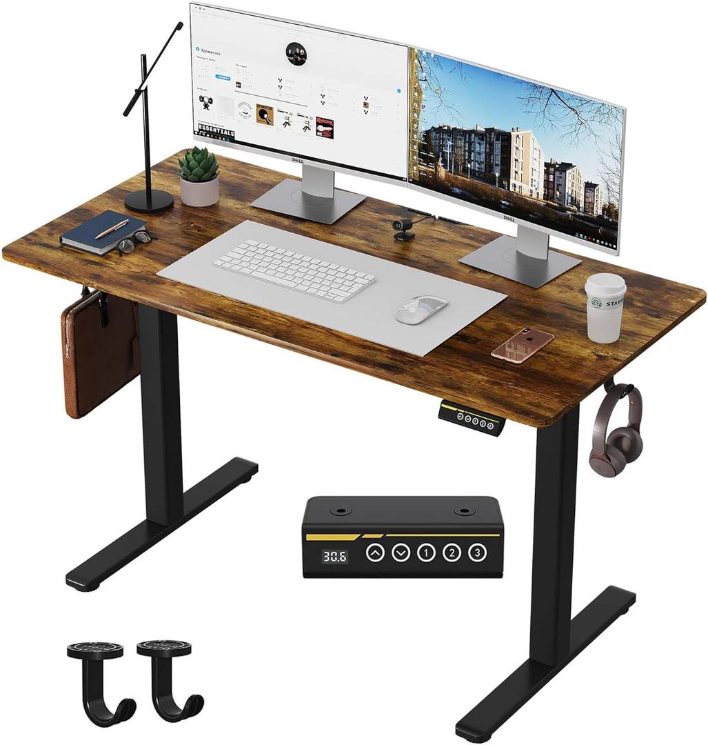 Electric Standing Desk,48x24 Inches Adjustable Height Stand up Desk, Sit Stand Home Office Desk with Splice Board, 3 Preset Heights,Equipped with Hooks,Ergonomic Computer WorkstationBrown