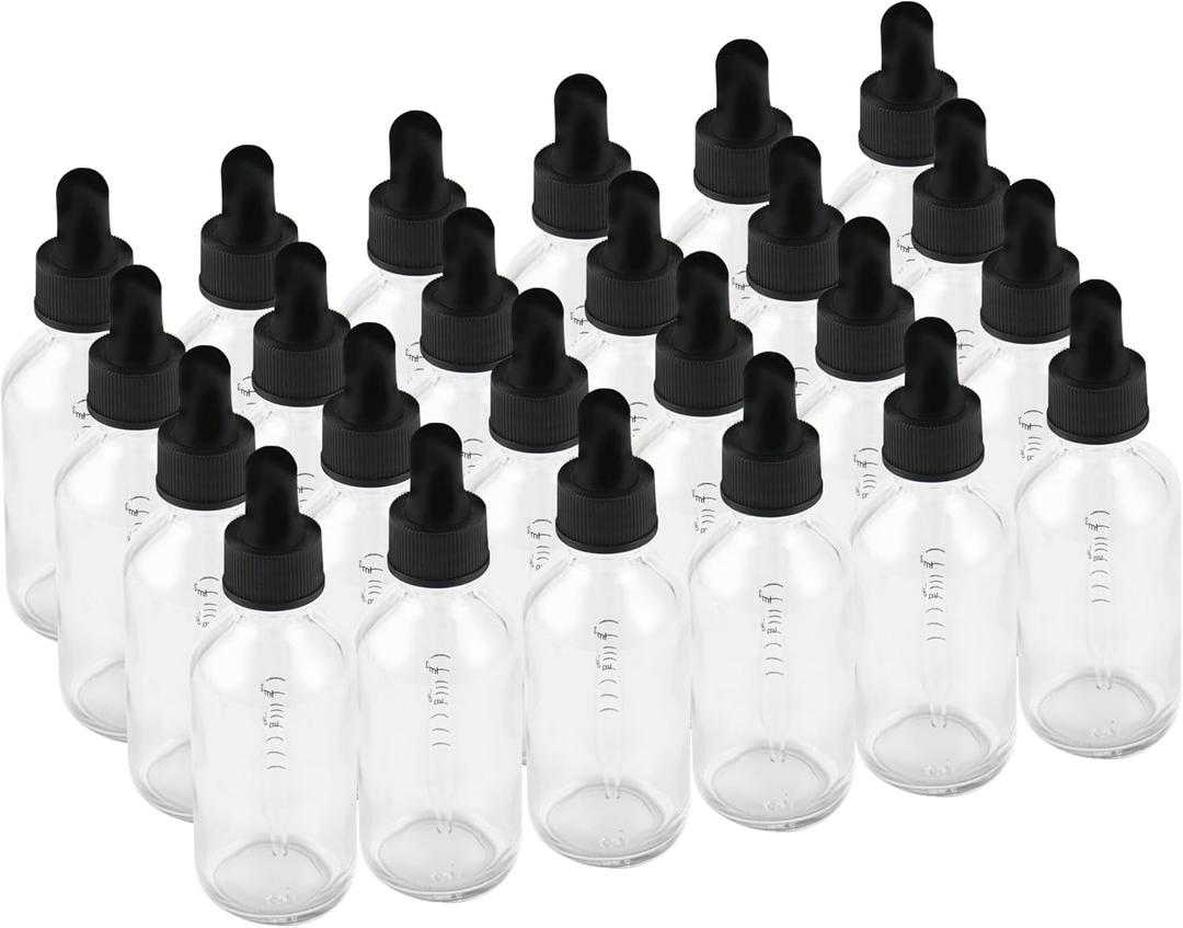 BILLIONSTARS 24 Pack 2oz Glass Boston Round Bottle with Graduated Calibrated Glass Pipettes - Clear - Tincture Bottles for Essential Oils, Liquids - Leakproof Travel Bottles