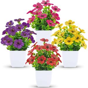 Der Rose 4 Pack Small Fake Plants Mini Artificial Flowers for Bathroom Bedroom Office Desk Shelf Decor, Spring Home Decor (White)