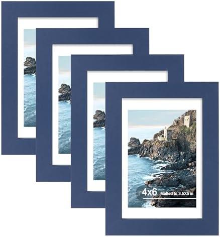 Hongkee 4x6 Picture Frame (4 Pack, Blue), Made of Real Glass and Wooden Frame - Display Pictures 3.5x5 with Mat or 4x6 Without Mat, 4 by 6 Photo Frames TableTop Display and Wall Mounting