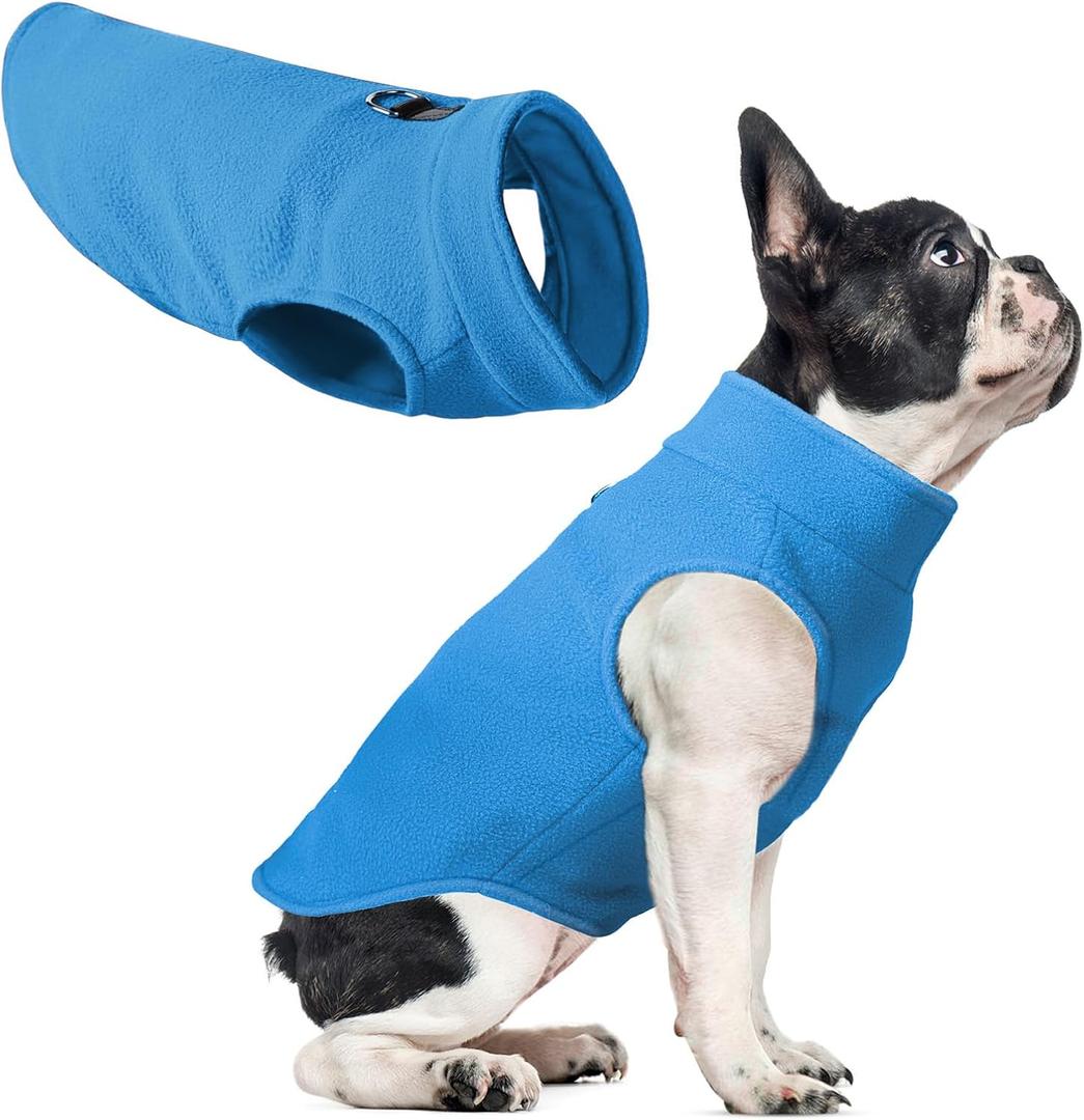 Fleece Dog Sweater Vest, Soft Warm Stretchy Pullover Winter Dog Jacket Clothes for Dogs with D Ring Leash (Blue,S)