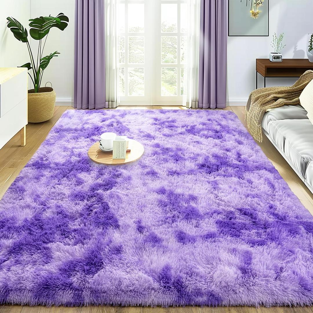 Super Fluffy Rug for Bedroom, 4x6 Shag Fuzzy Area Rug for Living Room Bedroom, Plush Soft Carpet for Girls Boys Kids, Non Slip Throw Rugs for Dorm, Modern Home Decor Aesthetic, Tie-Dyed Purple