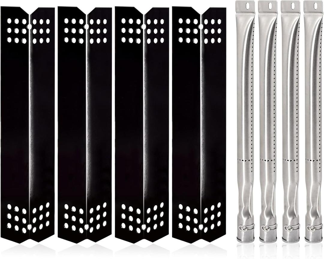 Yiming Grill Replacement Parts for Grillmaster 720-0697, Nexgrill 720-0697, Sunbeam 720-0697 Models, Porcelain Steel Heat Plate Tent Shields, Stainless Steel Pipe Burner Tubes Set, 4 Pack