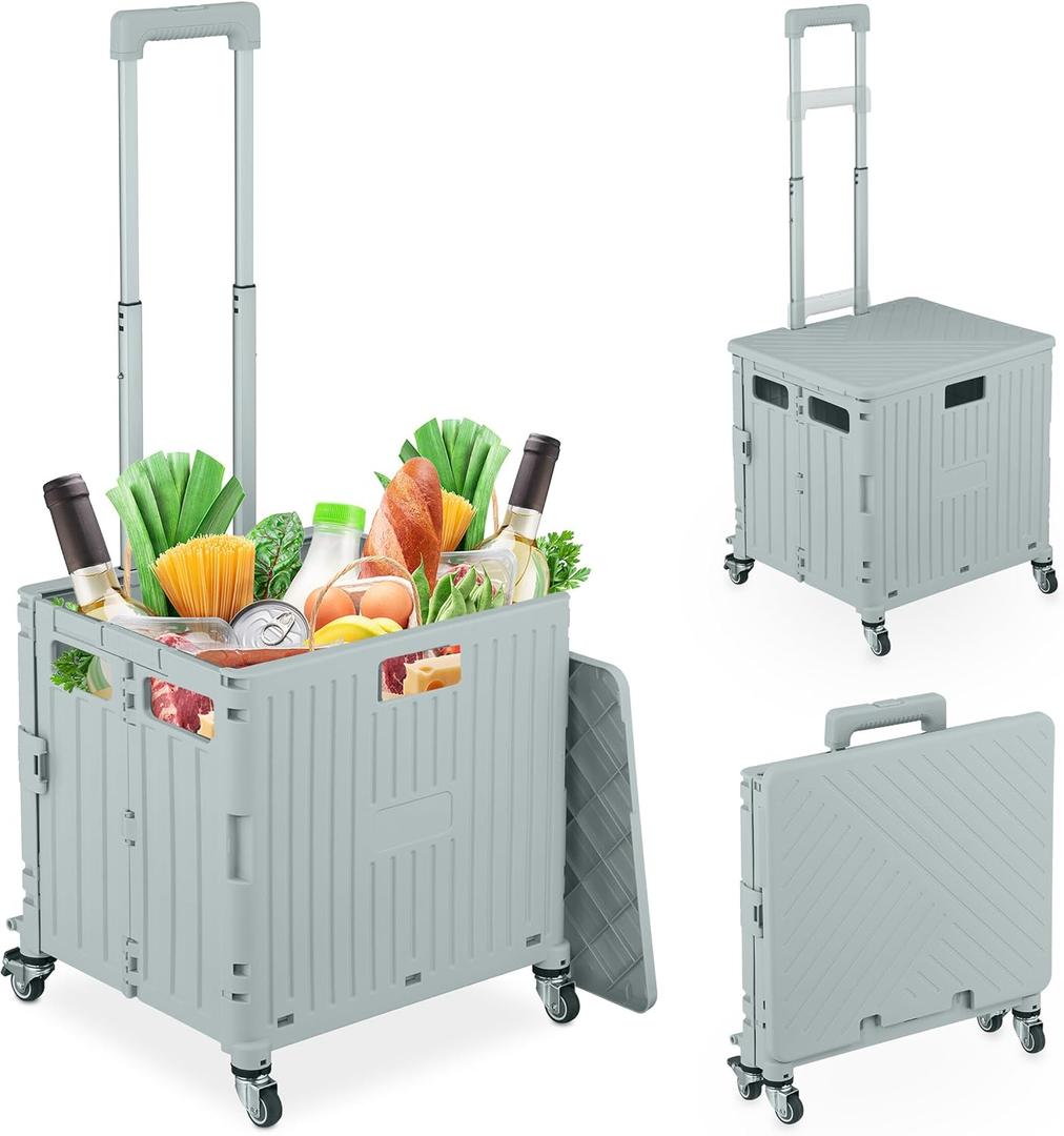 Foldable Shopping Trolley, Collapsible Basket on Wheels, 35 kg Capacity, Telescopic Handle, Mesh, Grey, Iron, 100 x 44 x 39 cm (Gray)