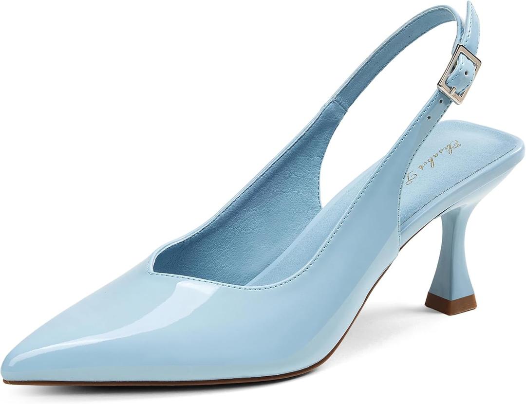 Elisabet Tang Women's Kitten Heel Slingback Low Pumps 3 Inches Stiletto Pointed Closed Toe Elegant Dressy Bridal Wedding Party Shoes (8.5, Blue)