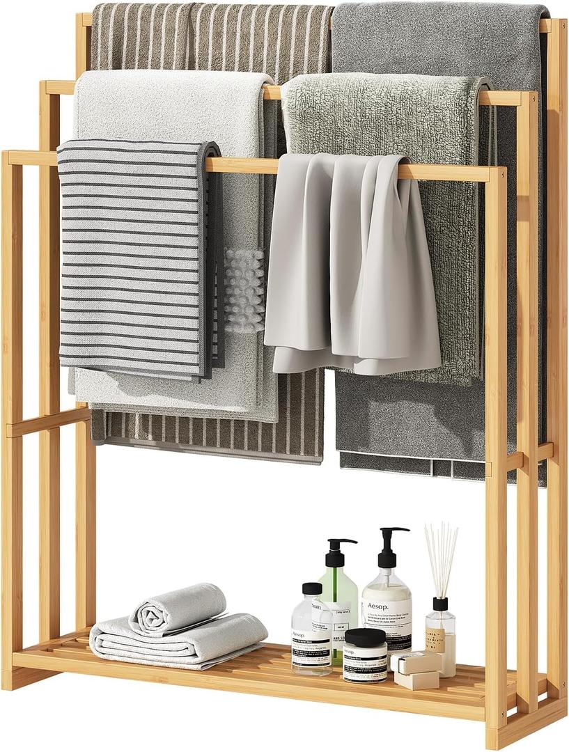 oakvivo Free Standing Towel Rack, 3 Tier Bamboo Blanket Rack for Bathroom, Blanket Drying and Display Racks with Shelf, Blanket Holder for Oversized Bath Towels (Natural)