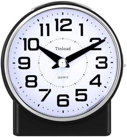 Tinload 4.3" No Ticking Analog Alarm Clock,Silent Readable for Seniors,Easy to Set,Gradual Rise Alarm,Big Numbers,On/Off Switch on Side,Gentle Wake,Snooze,Lighted on Demand,Battery Operated,Black