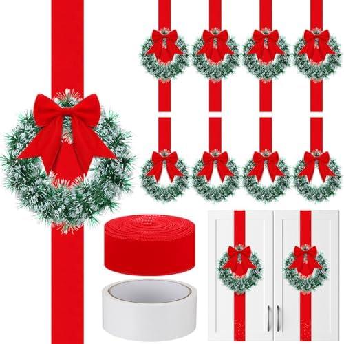 Juinte 10 Pcs 8" Small Christmas Wreaths for Kitchen Cabinet and 1 Roll Ribbon 2.5" x 30 Yards, Mini Christmas Wreaths for Indoor DIY Crafts Window Front Door Farmhouse(Classic,Velvet)