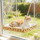 Cat Window Perch with 4 Strong Suction Cups,PE Rattan Basket Hammock with Soft Washable Plush Cushion,Cozy Hammock Perches for Large Indoor Cats Kittens Sunbathing Bird Watching (Original)