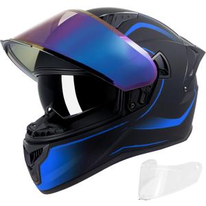 Full Face Motorcycle Helmets for Adult Men Women, DOT Approved Street Bike Racing Helmet Dual Visor Quick Release Buckle, Motorbike ADV Moped Helmet with Extra Clear Visor (XX-Large, Matte Black Blue)