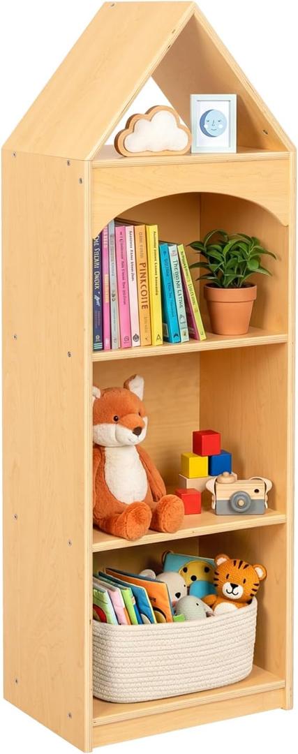 OOOK 4-Tier Montessori Bookshelf and Toy Storage Cabinet with House Shape, Montessori Book Shelf 4-Tier
