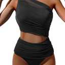 Bikini Sets for Women Tummy Control Two Piece Swimsuits Mesh One Shoulder Bathing Suits (Black, S)