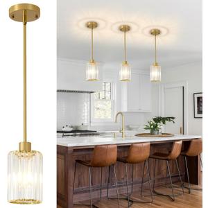 Crystal Pendant Lights, 3 Pack Brushed Gold Pendant Lights for Kitchen Island, Modern Mini Crystal Hanging Light Fixtures for Kitchen, Dining Room, Hallway, Foyer, Entryways