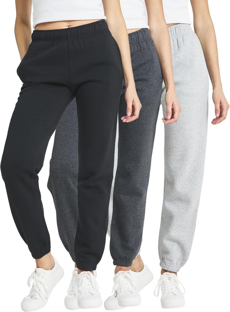 Ultra Performance Womens Sweatpants 3 Pack Cotton Joggers Women's Fleece Sweats Gym & Workout Pants for Women (Large, Black, Charcoal, Heather Grey)