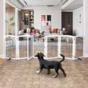 Dog Gate Freestanding Dog Fence Indoor with Door Foldable, Wooden Dog Gate for The House, Doorway, Stairs, Pet Gate Puppy Safety Fence, Support Feet Included, 32" Height, 6 Panels, White