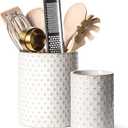 LE TAUCI Utensil Holder, 7.1"+5.4" Ceramic Kitchen Utensil Holder for Counter top, Embossed Cooking Utensil Organizer for Spatula & Spoon, Kitchen Decor, Set of 2, Arctic White, Clover