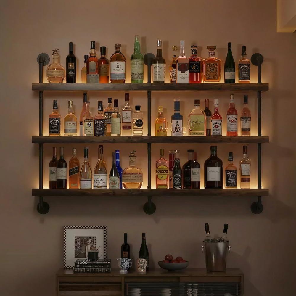 3-Tier Wall Mounted Wine Rack, Industrial Pipe Bar Shelf for Wine Bottle Storage, Industrial Pipe Shelves Shelf Shelving for Home Bar Dining Room Kitchen (47.2" W x 47.2" H)