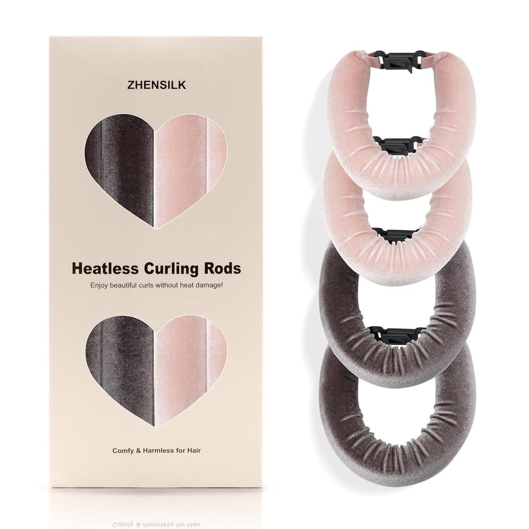 Heatless Hair Curler Set  4PCS Velvet Overnight Blowout Rods for Heatless Curls, Jumbo Flexible Curling Rods to Sleep In, No Heat Curling Tools for Natural Waves and Curls (2*Pink 2*Brown)