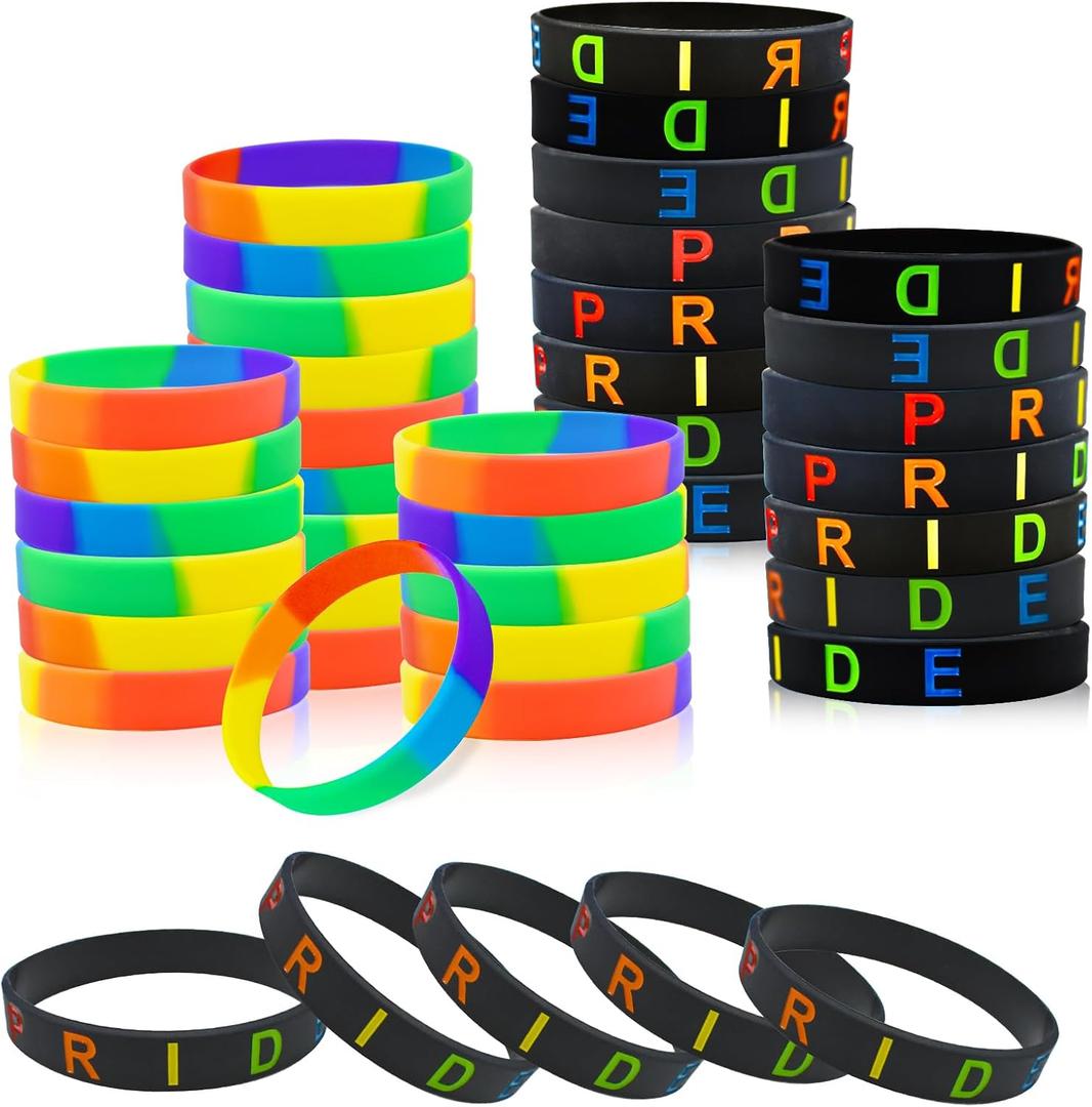 BDS-HOME 40pcs Pride Month Rainbow Silicone Wristbands Stretchable Colorful Bracelets Bulk Pride Day Bracelets LGBTQ Support for Festivals Parades Decorations Party Accessories (Mix & Black)