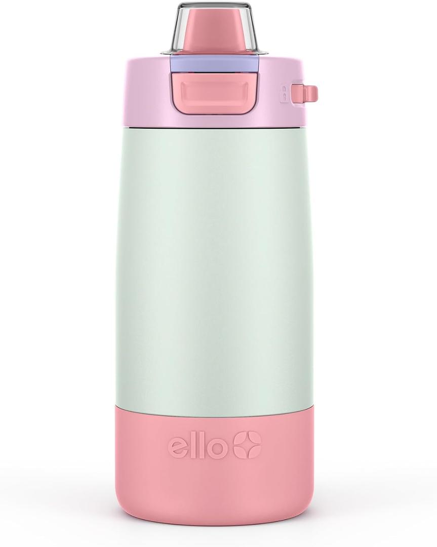Ello Kids Colby 12oz Stainless Steel Insulated Water Bottle with Straw and Built-In Silicone Coaster Carrying Handle and Leak-Proof Locking Lid for School Backpack, Lunchbox, and Outdoor Sports