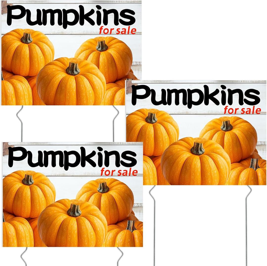 3 Pcs Pumpkins for Sale Yard Sign with Stakes, 12 x 16 Inches Double Sided Print Outdoor Fall Pumpkin Patch Garde Yard Sign for Outdoor Indoor Fall Halloween Thanksgiving