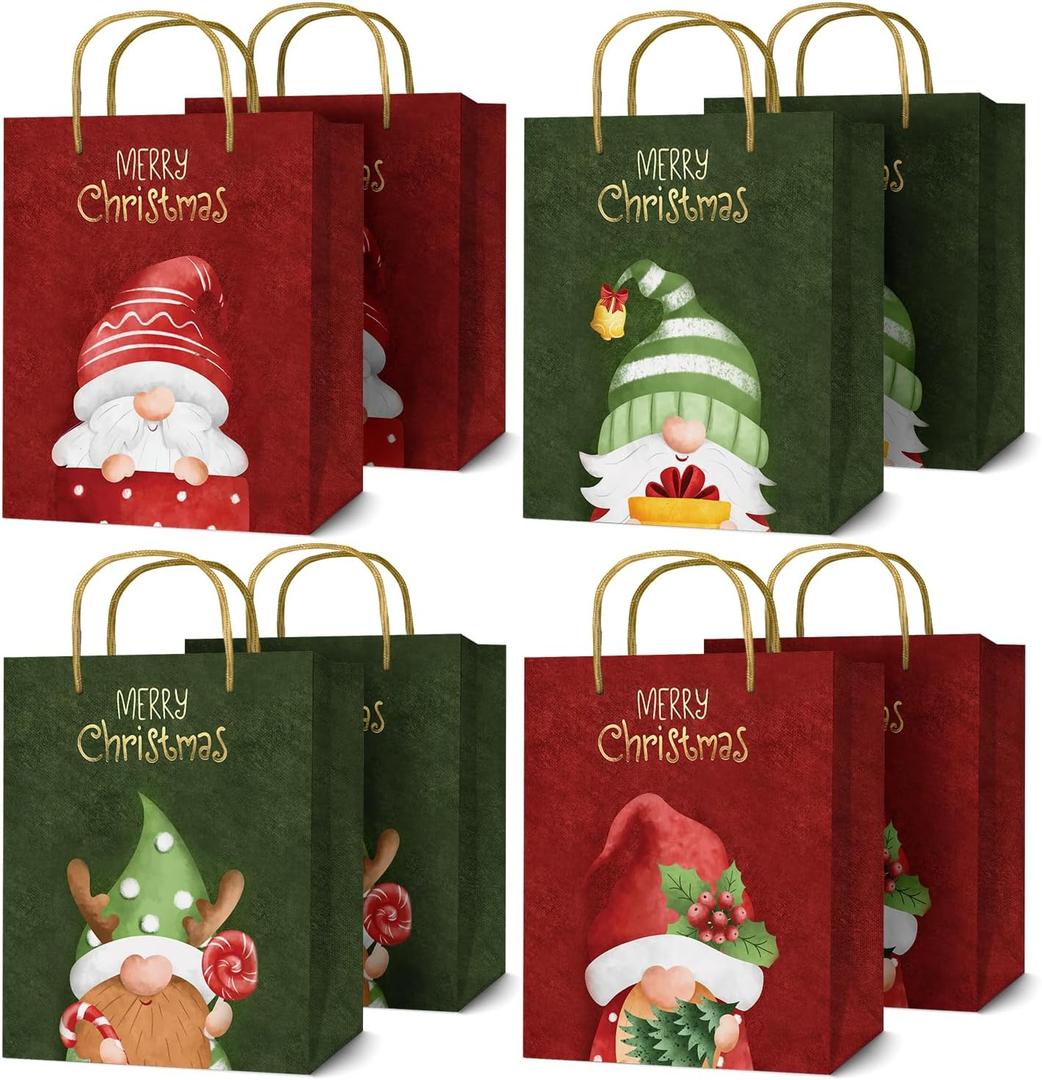 easykart labels 8 Pack 12" Large Christmas Gift Bags, Gold Foiled & Laminated Holiday Gnome Gift Bags,(4 Designs - 2 PCs Each) for Gift Wrapping Christmas Party Decorations