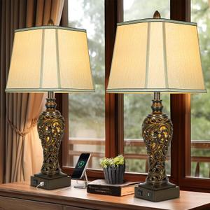 28.5" high Vintage Brown Table Lamps Set of 2 - Bedside Lamp with Faux Silk Shades - for Bedroom and Living Room with USB and Nightlight - Perfect for Nightstands and Bedrooms (Bulb Included)