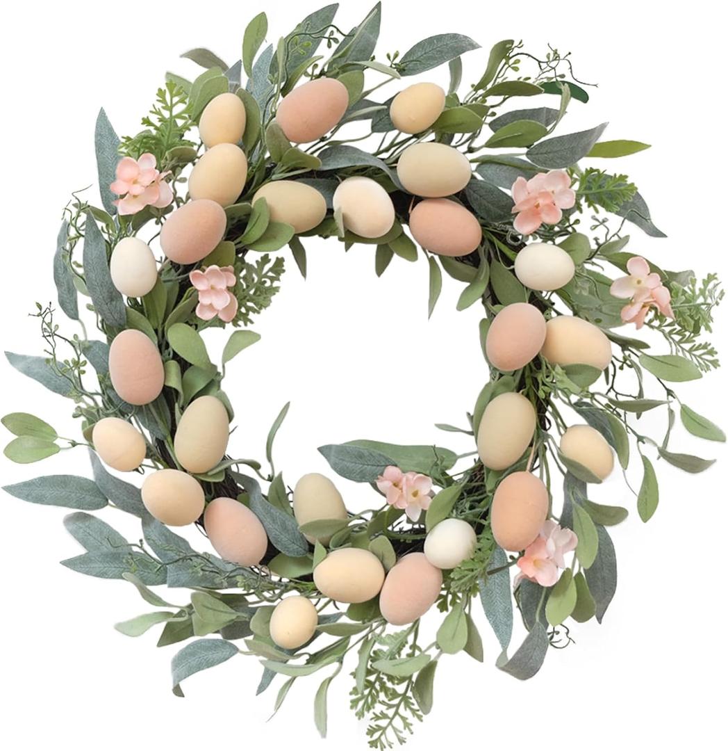 TEMPUS 20 Inch Easter Flocked Egg Wreath - Handmade Spring Door Decor with Pastel Eggs & Mixed Twigs, Indoor Floral Wreath for Easter Home Decor (Beige)