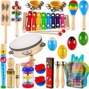 LOOIKOOS Toddler Musical Instruments,Wooden Percussion Instruments Toy for Kids Preschool Educational Musical Toys Set for Boys and Girls with Storage Bag