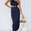 ANRABESS Women Summer One Shoulder Sleeveless Maxi Dress Cutout Sexy Bodycon Semi Formal Dinner Date Vacation Dresses Navy Blue Small
