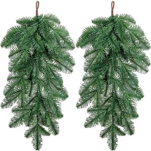 Watayo 2 Pcs Artificial Christmas Teardrop Swag, 23" Faux Norfolk Pine Teardrop Door Swag, Real Touch Greenery Pine Wreath Staircase Swags for Xmas Holiday Door Mantle Fireplace Decor Indoor Outdoor