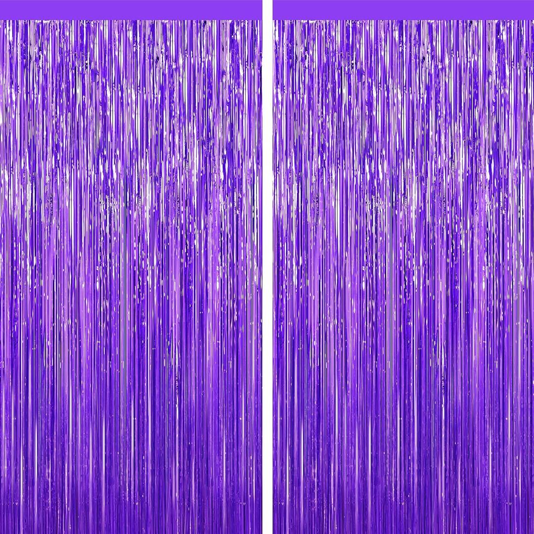 Purple Tinsel Backdrop Foil Fringe Curtains - 2 Packs Door Streamers Backdrop for Birthday Door Decorations, Party Supplies for Bachelorette, Graduation, Christmas, Disco Decor