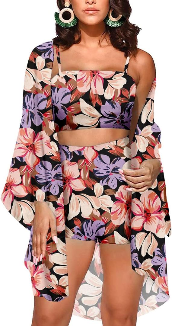 KEYUFANG Women 3 Piece Vocation Outfits Summer Suit Floral Kimono Cardigans Beach Cover Up Crop Cami Top Short Set (X-Large, Purple-flower) KEYUFANG Women 3 Piece Vocation Outfits Summer Suit Floral Kimono Cardigans Beach Cover Up Crop Cami Top Short Set (X-Large, Purple-flower)