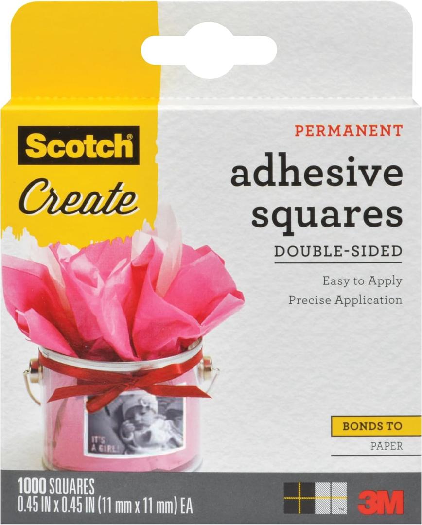 Scotch Adhesive Squares, Permanent Double-Sided Tape Squares for Crafting, Art, Gift Wrapping and More, .45 in x .45in., 1-Pack, 1000 Total