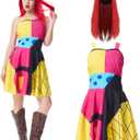 2PCS Adult Sally Costume Women Christmas Sally Dress Wig Sexy Patchwork Dress Halloween Cosplay Outfits (Large)