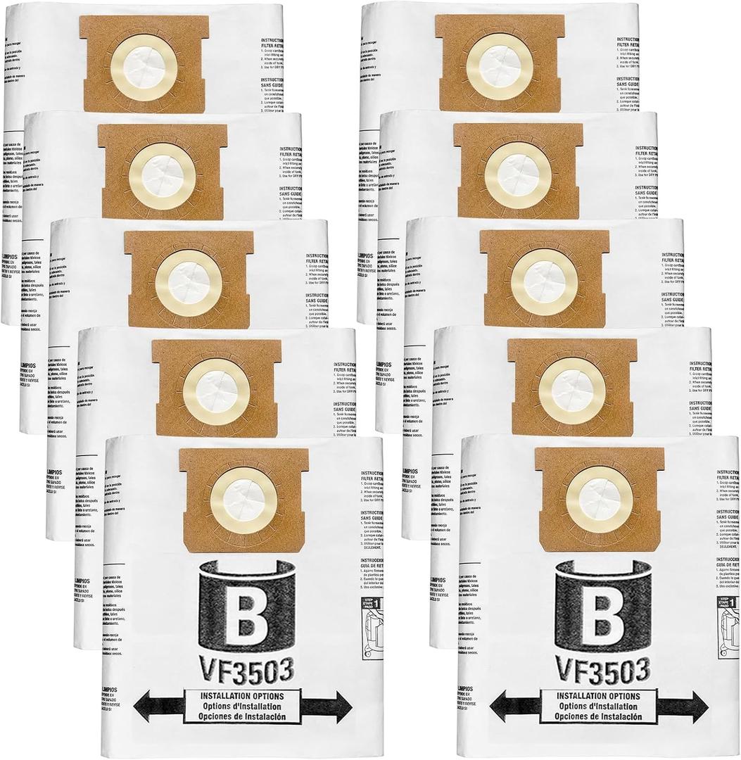 VF3503 Vacuum Bags Compatible with Ridgid 5 to 10 Gallon Wet/Dry Vacs, Size B(10 Pack)