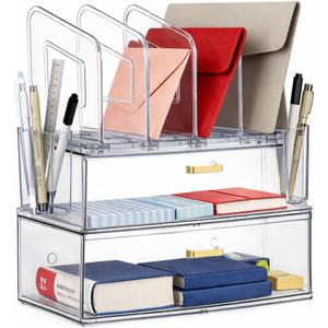 Acrylic Desk Organizer with Drawer, Office Supplies,Organization Storage, 2 PC Drawer Organizer with 4 File Sorter, Desk Organizers and Accessories, Clear Acrylic File Organizer