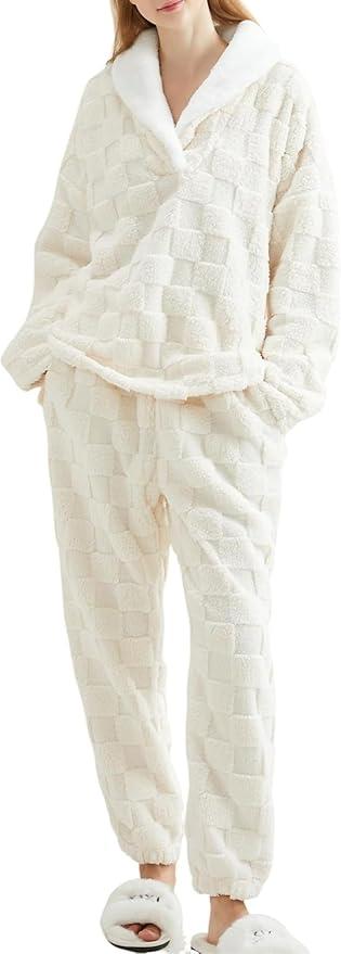 VOROFY Women's Fuzzy Fleece Pajamas Set Plush Flannel Pullover Top and Pants 2 Piece Pjs Sets Warm Fluffy Sleepwear, XL