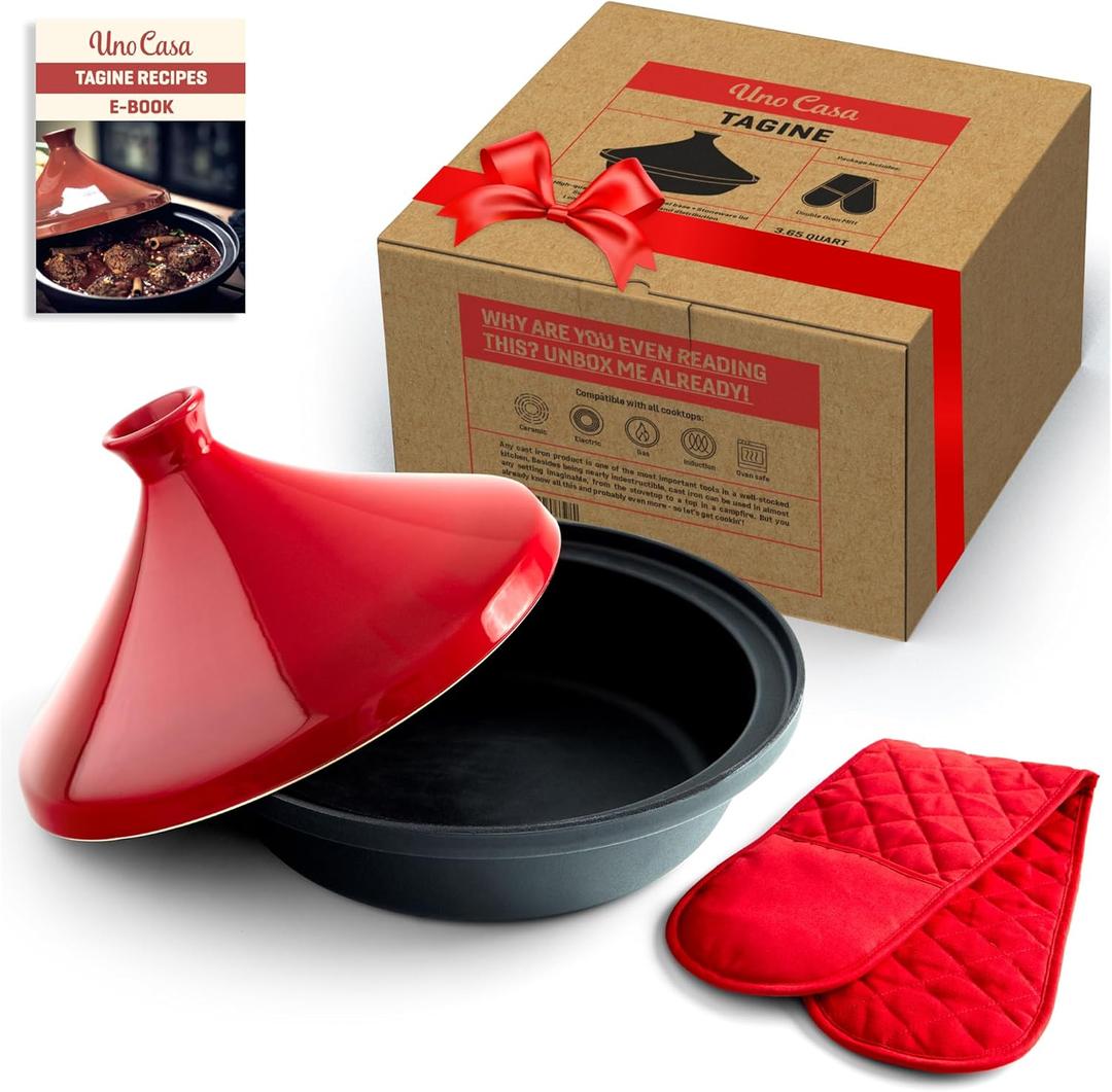 Uno Casa Tagine Pot - 3.65-Quart Moroccan Tajine with Enameled Cast Iron Base and Ceramic Cone-Shaped Lid, High-Quality Cookware- Red Double Oven Mitts Included