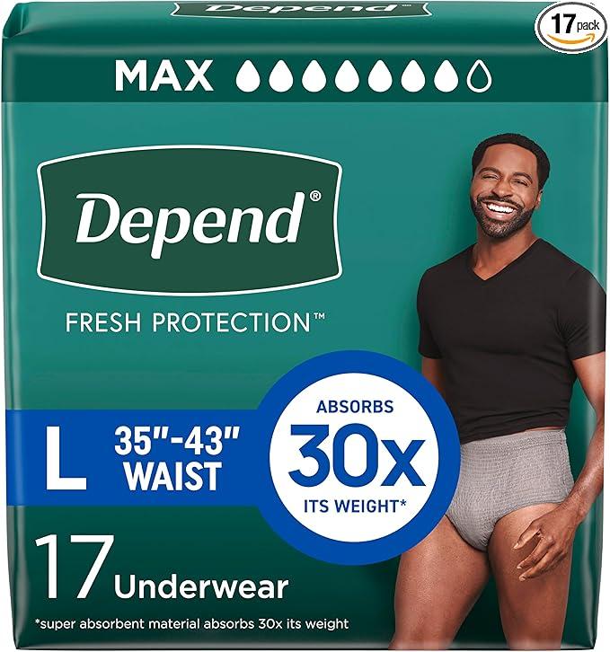 Depend Fresh Protection Adult Diapers, Incontinence Underwear for Men, Disposable, Maximum, Large, Grey, 17 Count