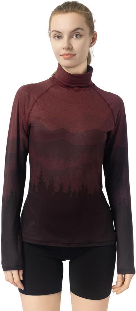 Leapstride Women's Slim Fit Turtleneck Performance Base Layer Long Sleeve Top with Placement Printed Mountain & Forest Design, Moisture - Wicking Super Soft Cloud Touch Fabric