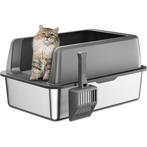 High-Sided Stainless Steel Cat Litter Box,Stainless Steel Litter Box with Lid,Extra Large Litter Box,Easy-to-Clean Metal Litter Pan for Cats 25" x 15"