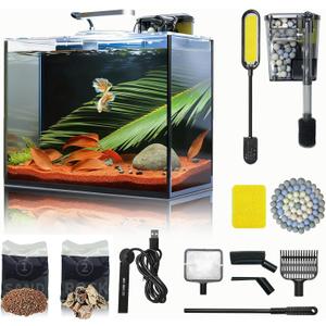 3 Gallon Small Fish Tank Glass Aquarium Set, Starter Kit with Heater Water Pump Cleaning Filter Bright Light Rocks Gravel Cleaning Tool, Leak-Proof Clear Rimless Desktop Spaces Saving Betta Fish