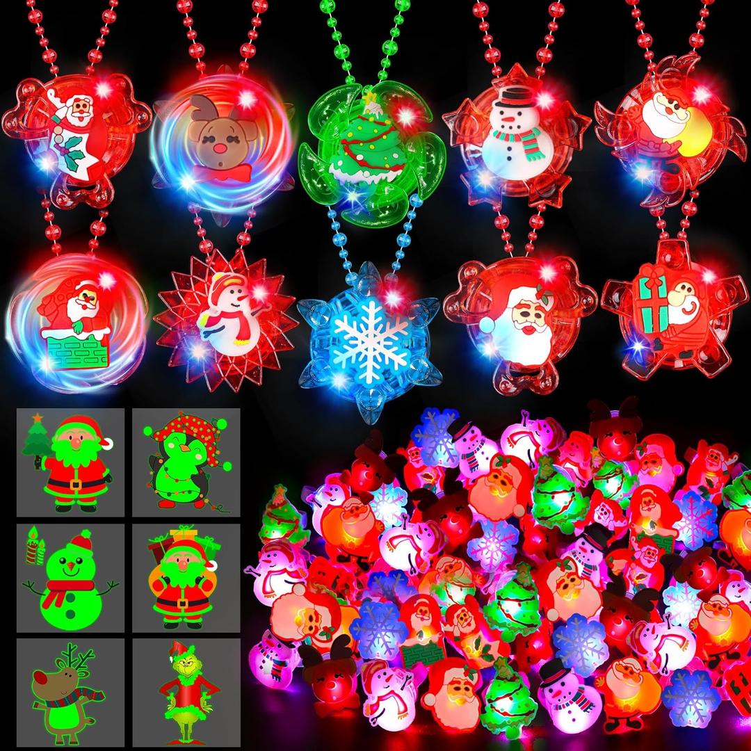 100 PCS Christmas Party Favors Bulk LED Light Up Xmas Toys, Glow in the Dark Christmas Necklaces Bracelets Rings Holiday Toys for Boys Girls Stocking Stuffers Classroom Gifts Prizes Xmas Party Favors