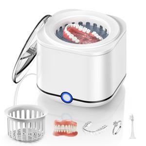 Ultrasonic Retainer Cleaner, 48kHz Retainer Cleaner Machine for Dentures, Mouthguard, Braces, Night Guard, Toothbrush, Jewelry with 7.8OZ Dental Cleaning Pod-Cool White