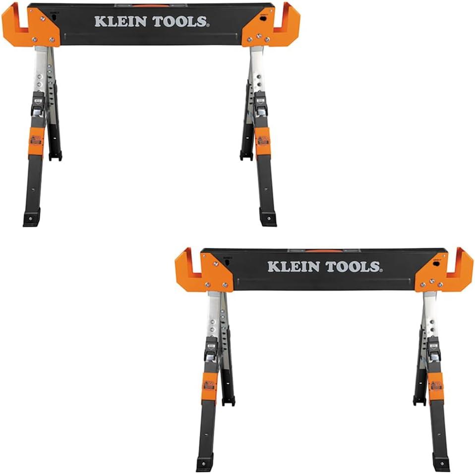 Klein Tools 80178 Folding Saw Horse, Adjustable 26 to 32-Inch Height, 2x4 Support Arms, Heavy Duty Jobsite Table, 2-Pack, Adjustable Legs