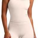 ANRABESS Women Workout Sets Build in Bra 2 Piece Outfits Tank Tops Tummy Control Shorts Yoga Gym Active Wear Clothing Set (Large, Beige)