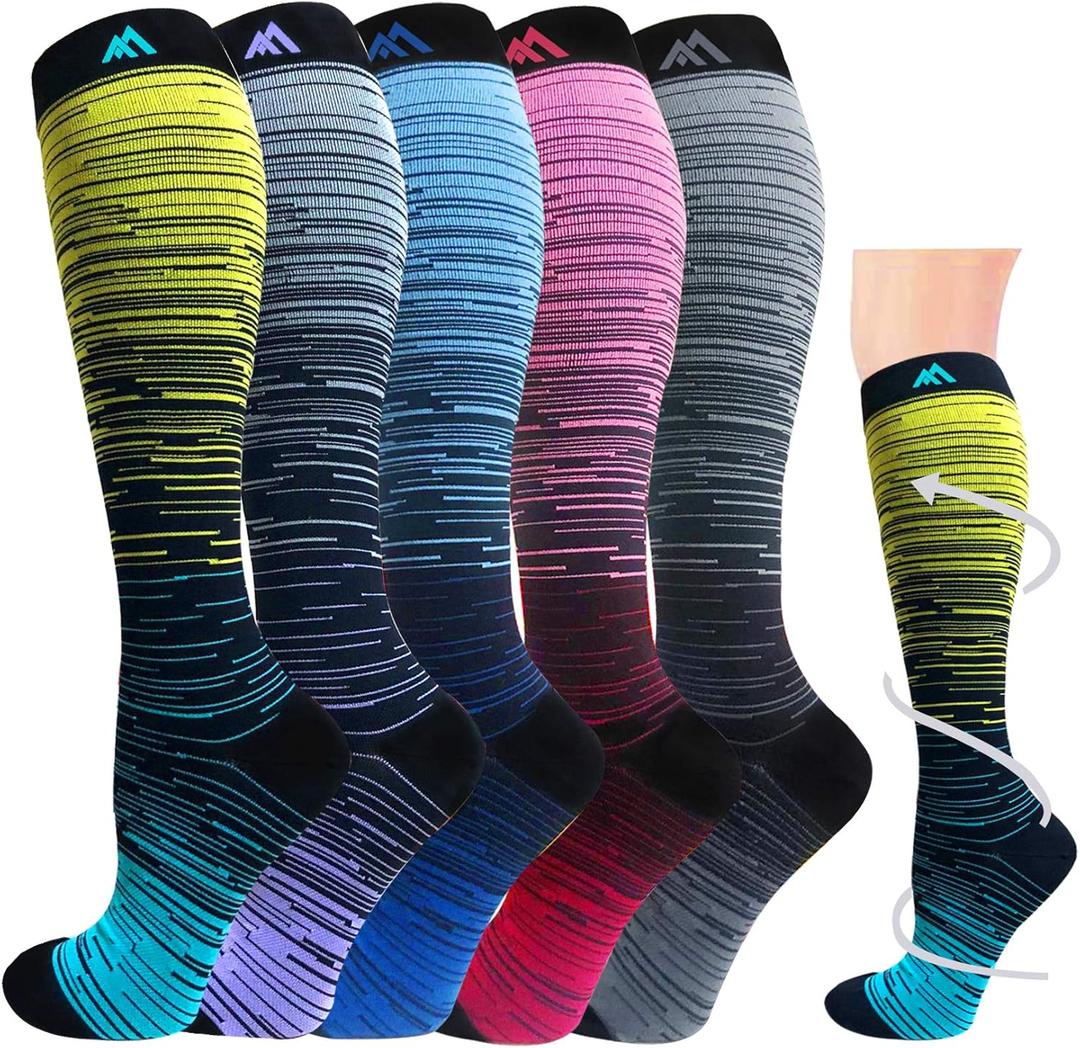 Graduated Compression Socks for Women&Men 20-30mmhg Knee High Socks Travel Hiking Running Stocking (XX-Large-3X-Large, 05-5 Pairs Multi Stripe 02)